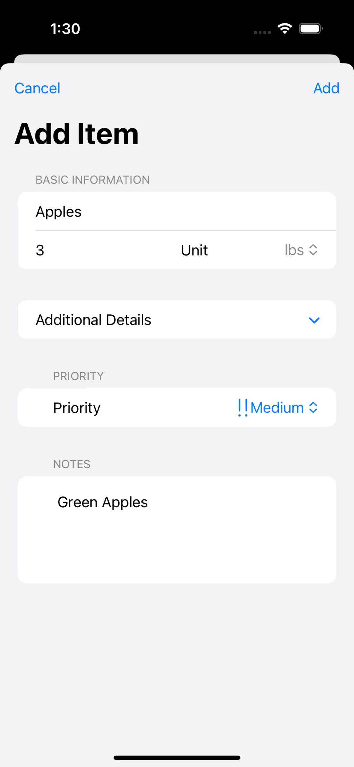 ShoppinLyst Add Item form with name, quantity and unit fields, a priority selector and a notes field