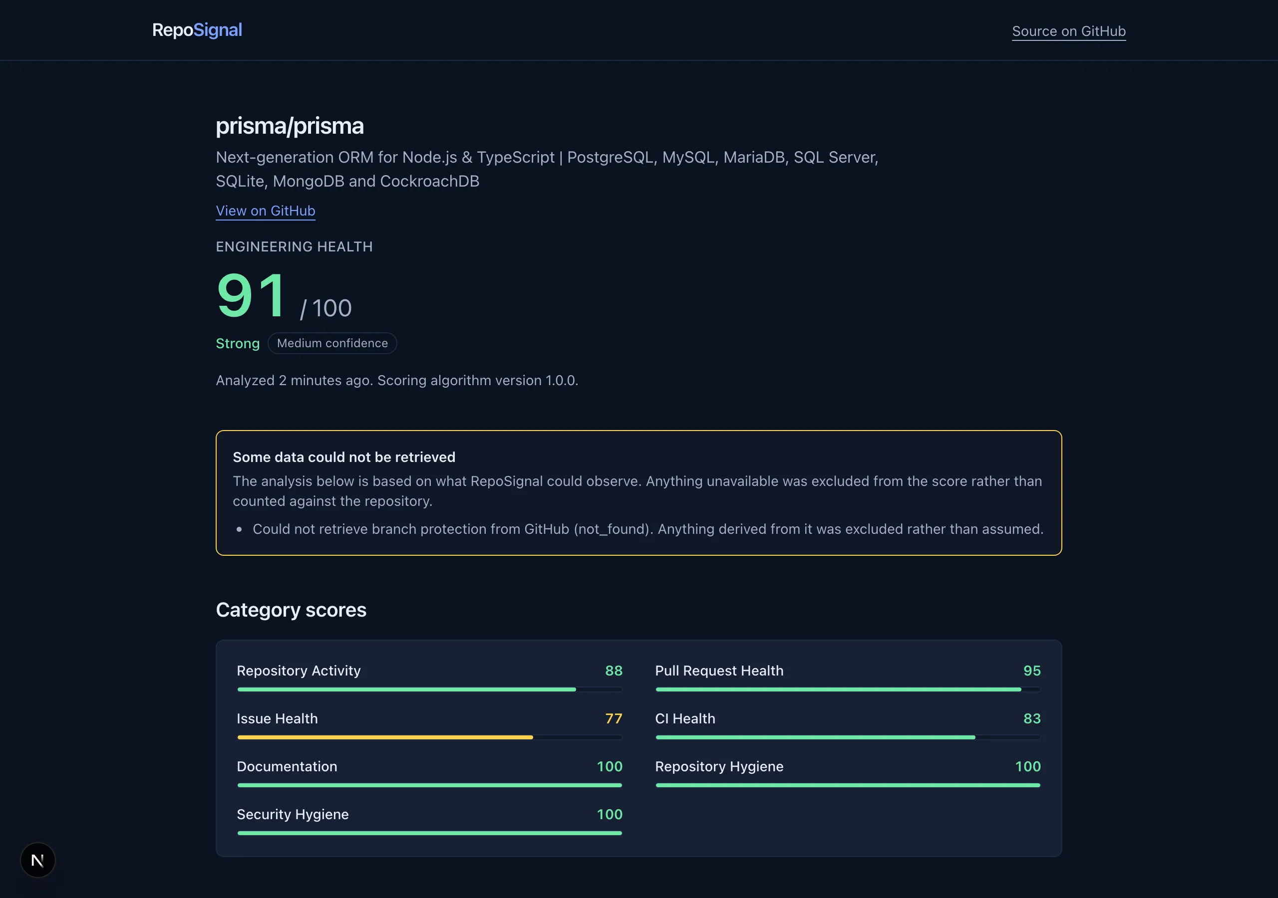 A RepoSignal analysis of react/react: overall score 86 with seven expandable category scores and an explanation banner for unverifiable branch protection