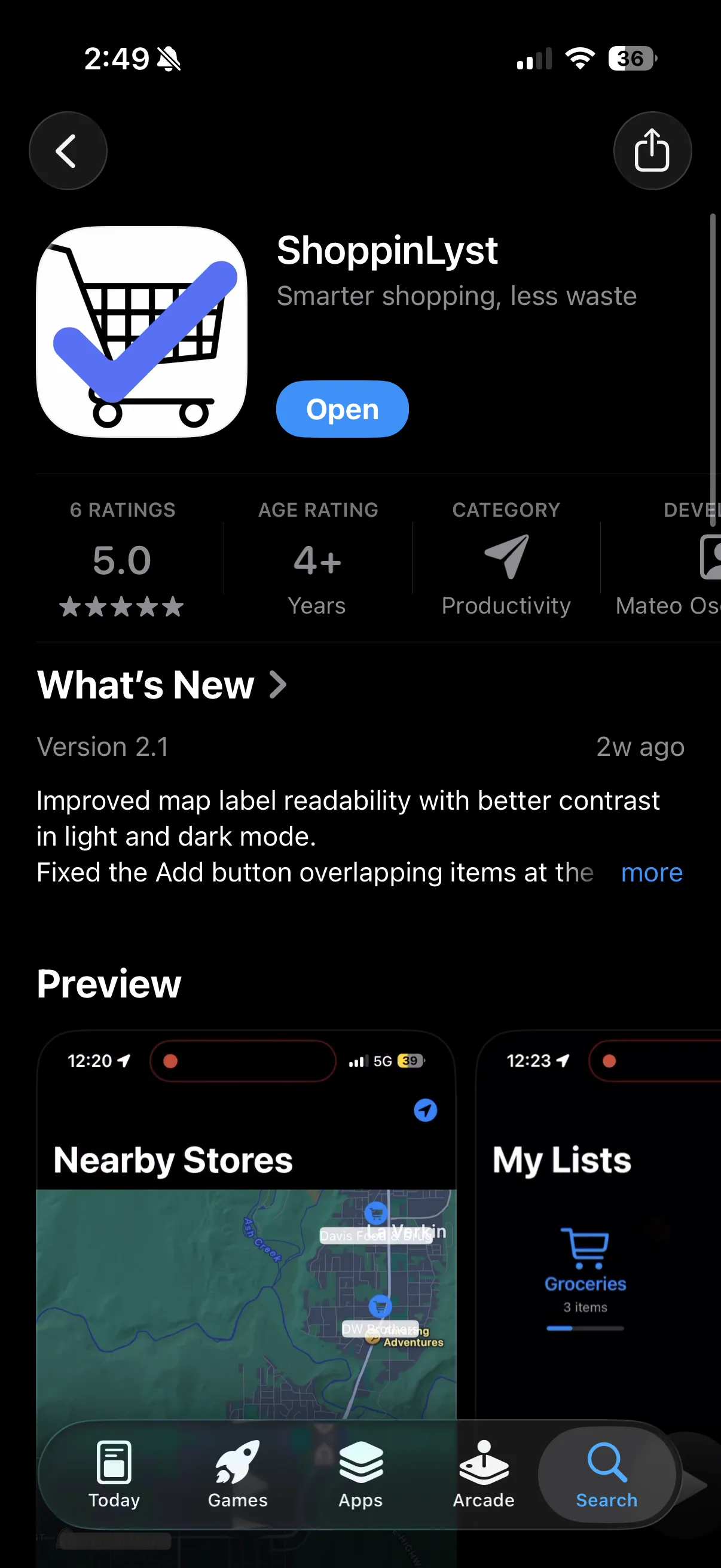 ShoppinLyst's App Store listing: the cart-and-checkmark icon, 'Smarter shopping, less waste', a 5.0 rating from 6 ratings, and the version 2.1 release notes