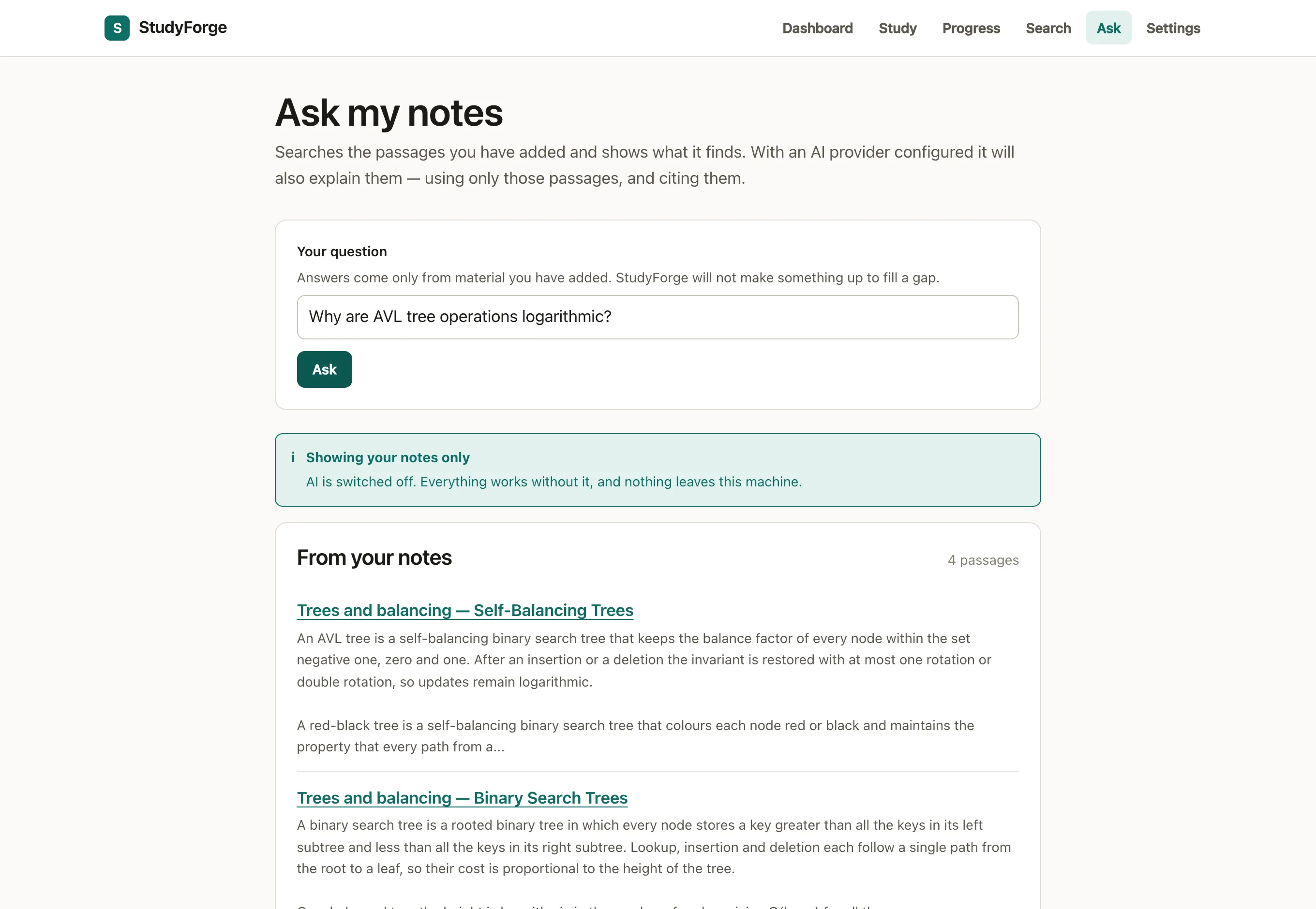 StudyForge's Ask-my-notes view retrieving relevant passages from the user's own documents, working with no AI configured