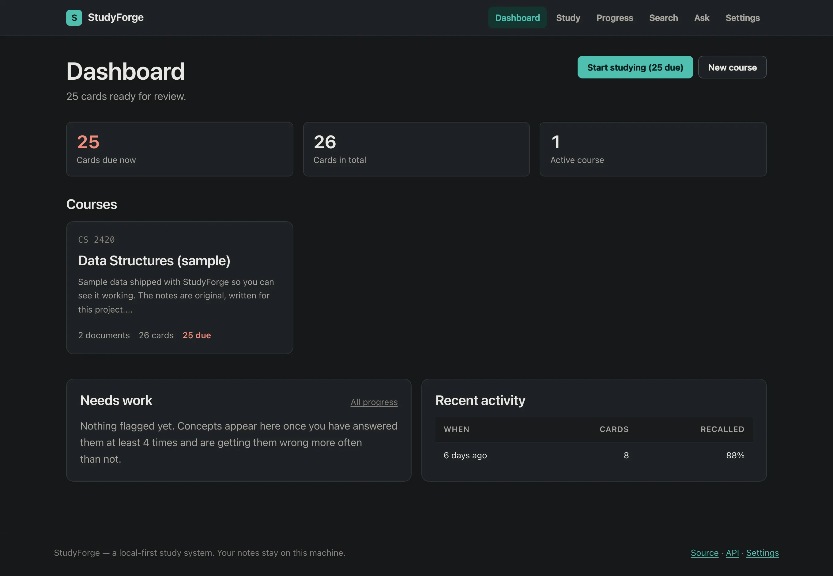 The StudyForge dashboard: what is due today, what needs work, and recent courses