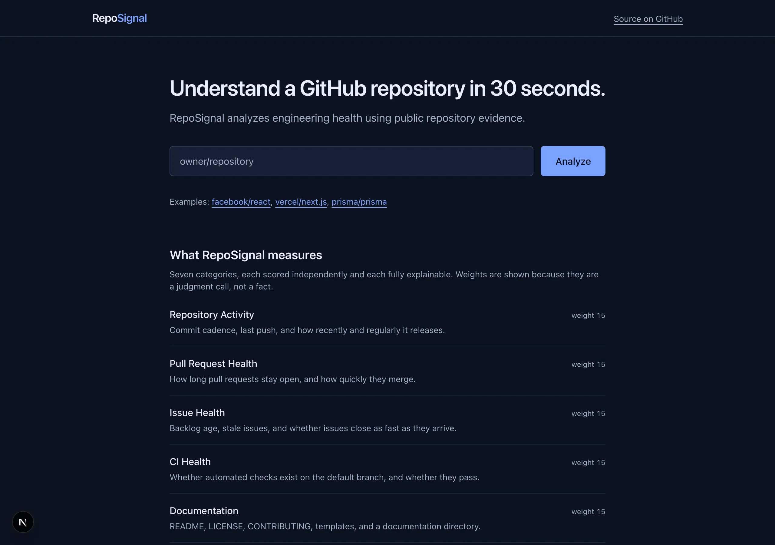 RepoSignal's home page: a single input asking for a repository like facebook/react, with recent analyses beneath it