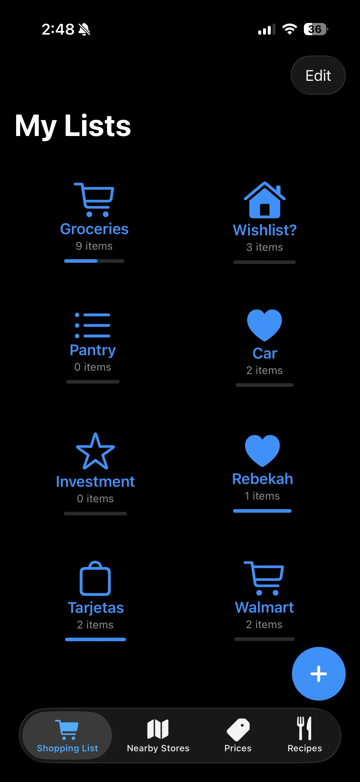 ShoppinLyst in dark mode: eight lists including Groceries, Pantry, Wishlist and custom ones, each with item counts and progress bars