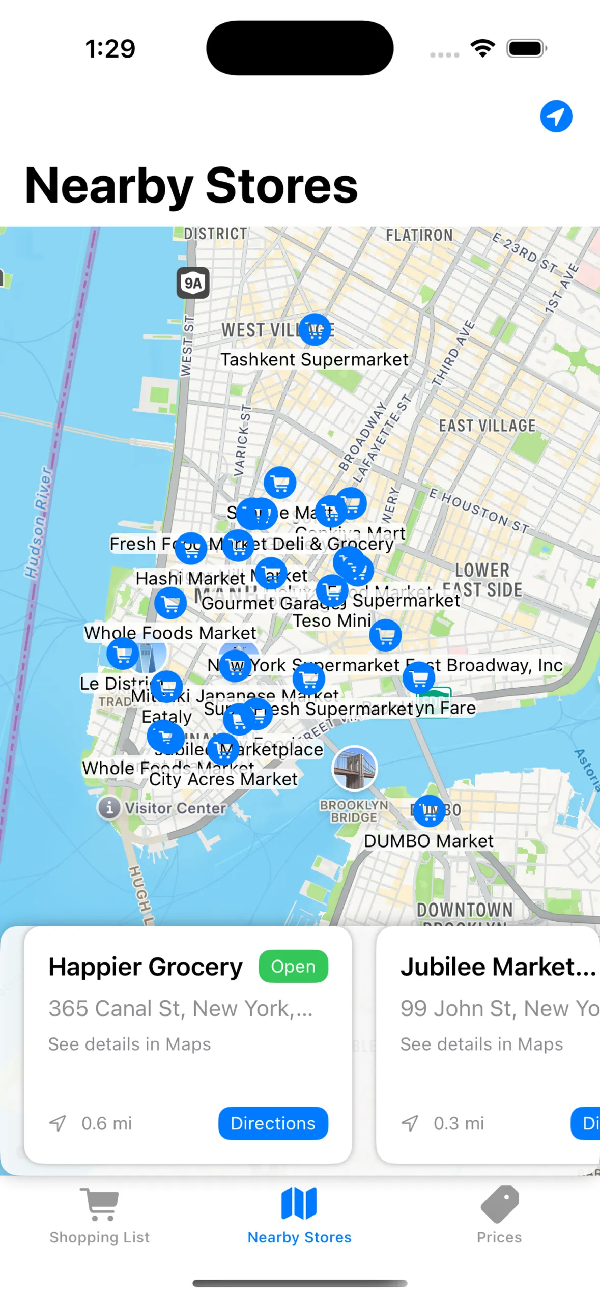 ShoppinLyst's Nearby Stores map of lower Manhattan, dense with grocery-store pins and distance cards with directions