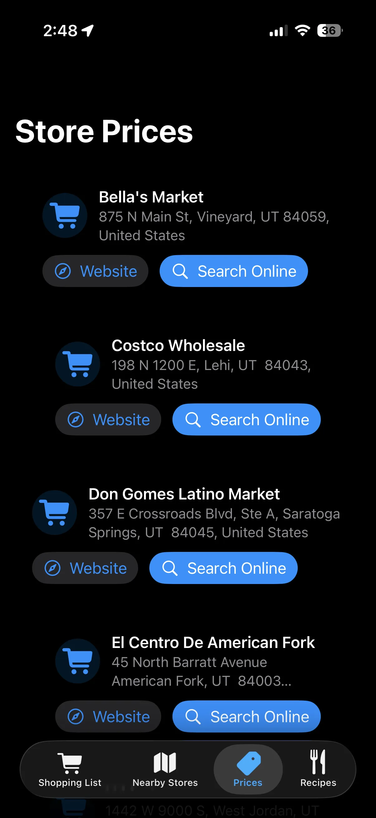 ShoppinLyst's Store Prices screen listing nearby Utah stores — Bella's Market in Vineyard, Costco Wholesale in Lehi — with website and search links