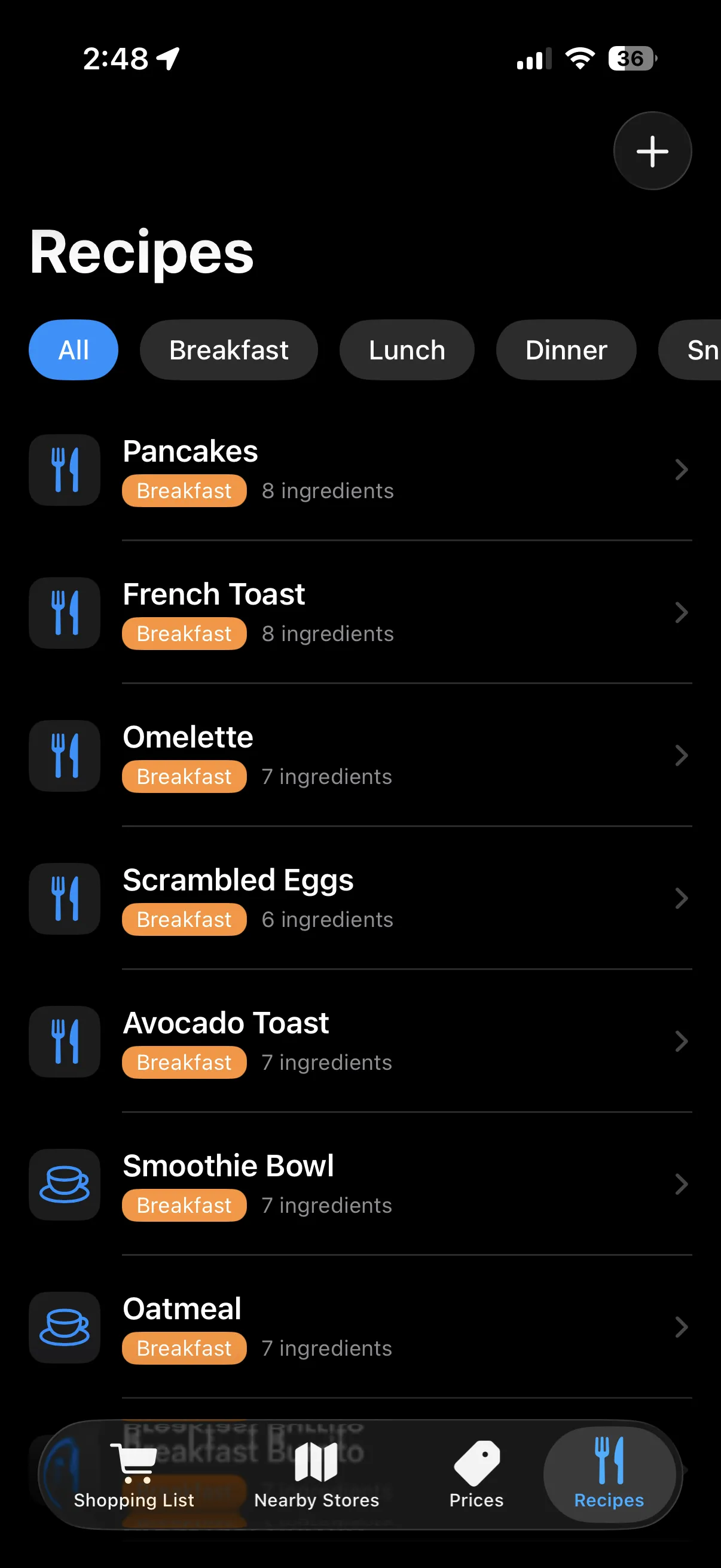 ShoppinLyst's Recipes tab filtering breakfast recipes — pancakes, french toast, omelette — each with an ingredient count ready to add to a list