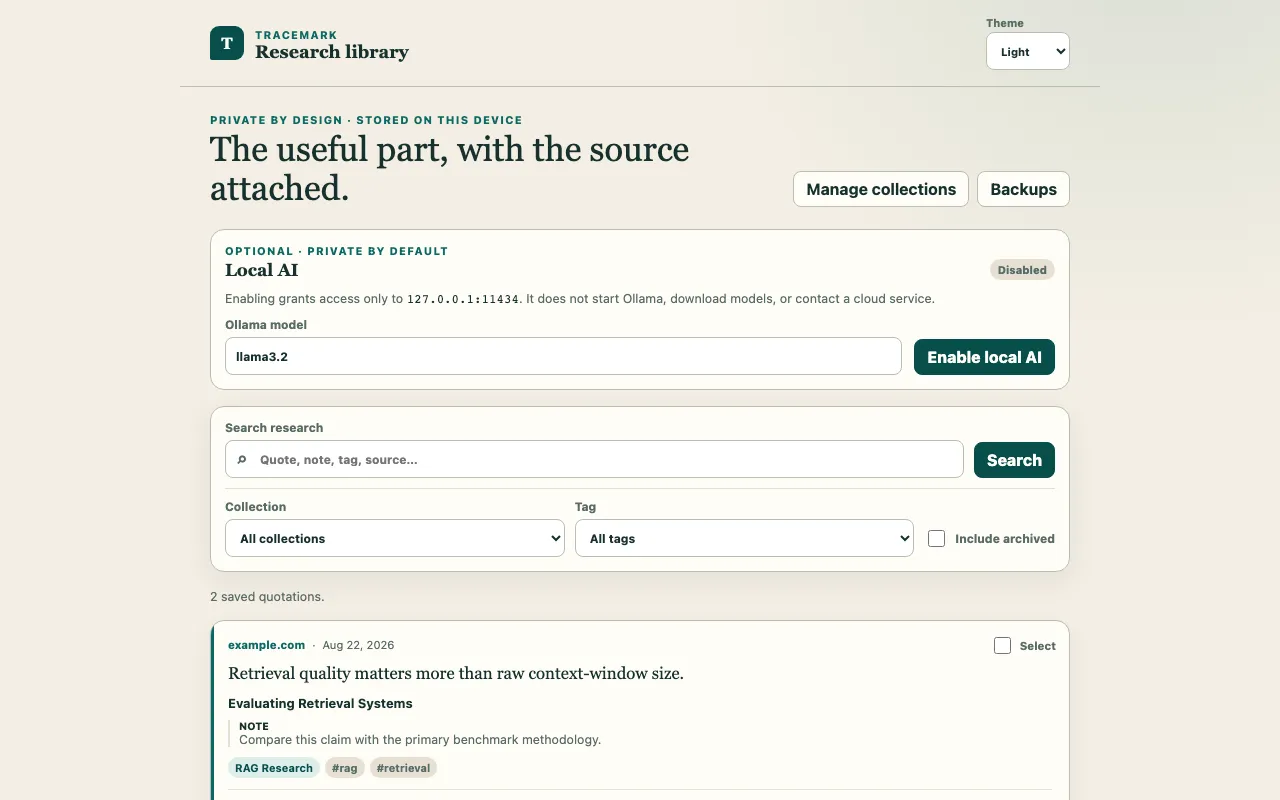The TraceMark research library in a browser side panel: saved quotations with sources, collections, tags, and local-first controls