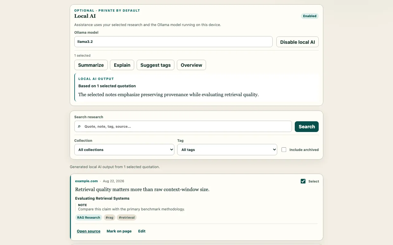 TraceMark's Local AI settings showing the explicit enable flow for a loopback Ollama endpoint