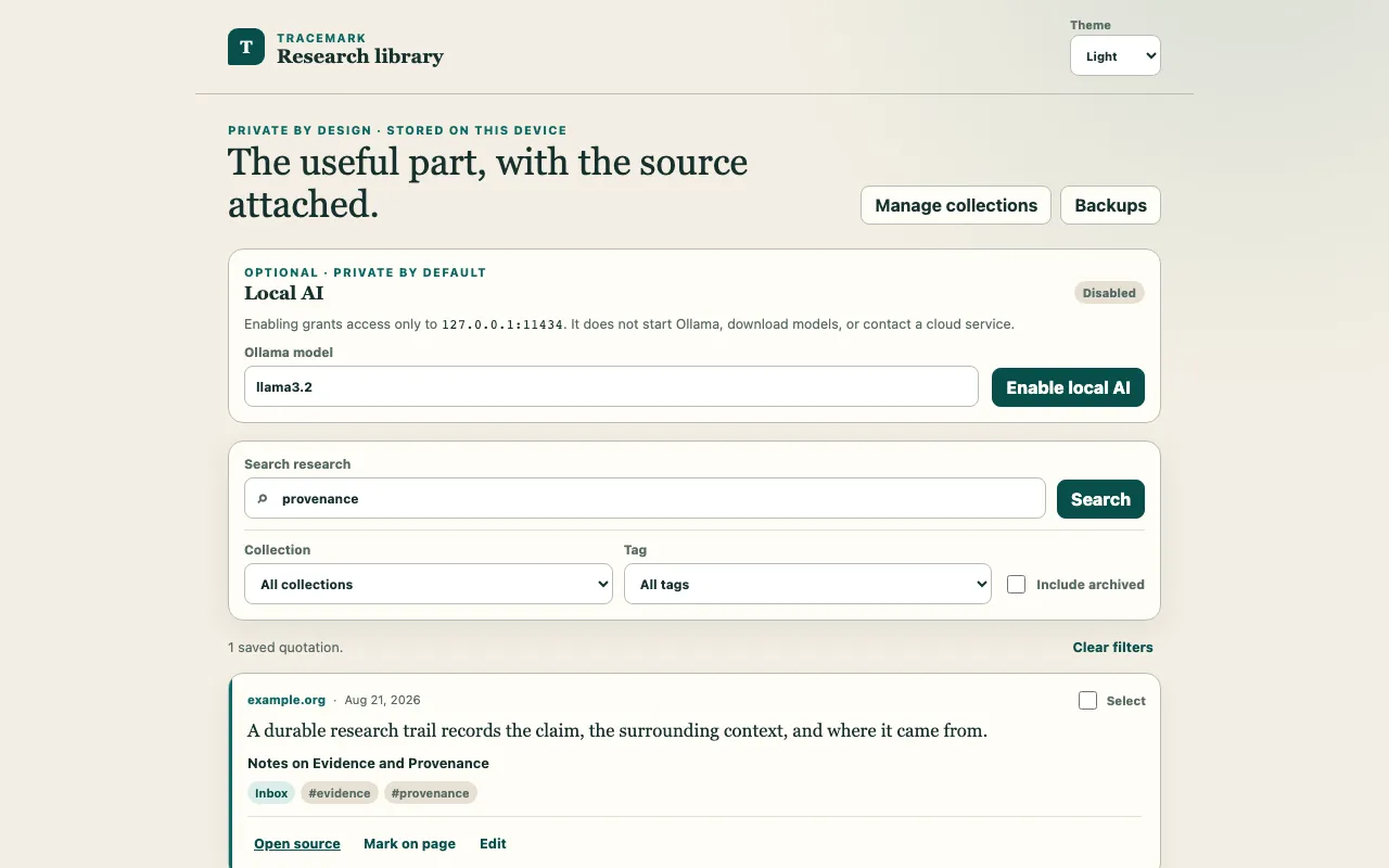 TraceMark search filtering saved research across quotation text, titles, hosts, notes, tags and collections